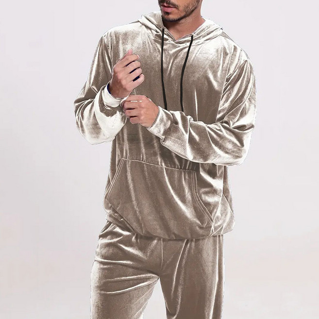 FANSYLI 남성 벨벳 트레이닝 세트 봄가을 후드티+밴딩 트레이닝 팬츠 투피스 솔리드 캐주얼 맨투맨 세트 W2512D17