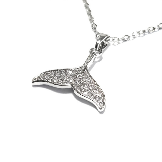 지홍 돌고래 꼬리 큐빅 티타늄 목걸이 파베세팅 인어 실버 체인