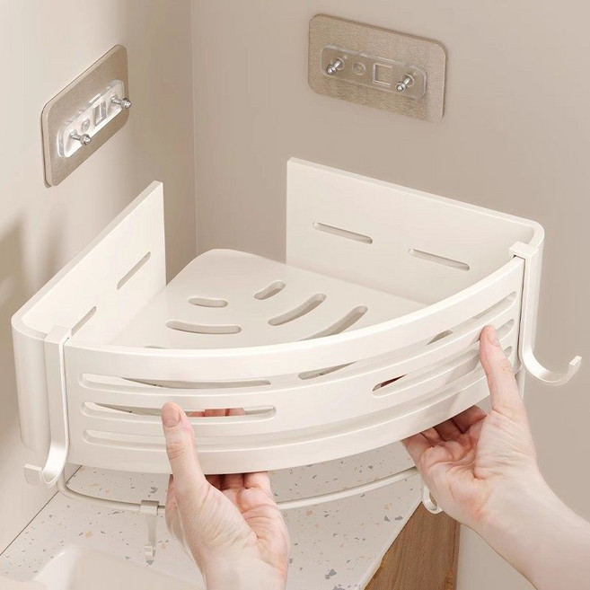 무타공 벽걸이 수납선반 (코너형) 초간편설치 욕실 화장실 주방 다용도 정리대 병 캔 수납 강력내하중 녹슬지않는 오염방지, 1개, 밀크화이트 단층