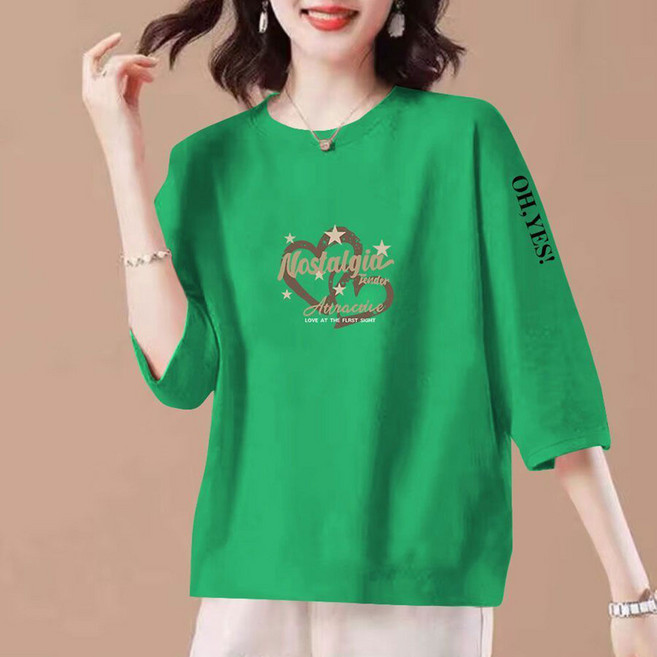 MOSAIRATION 여성 7부소매 캐주얼 티셔츠 순면 베이직 프린팅 라운드넥 반팔 티셔츠 V021704