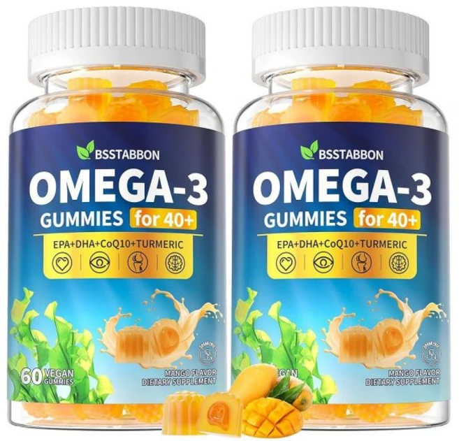 BSSTABBON 오메가-3 젤리 보충제 성인용 40세 이상: 1280mg 비건 오메가3 지방산 DHA EPA 비타민 D3 K2 아연 강황 함유 전반적인 건강 지원 - 여성 남 - 쿠팡