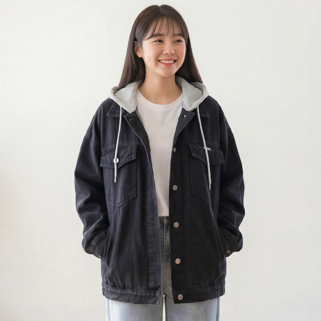 몬델프 여성 빅사이즈 루즈핏 후드 데님 청자켓 블랙 봄가을용