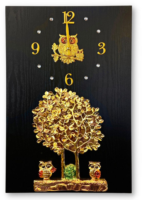 돈나무 부엉이 벽시계 인테리어 무소음 액자 시계 60cm, 블랙+골드