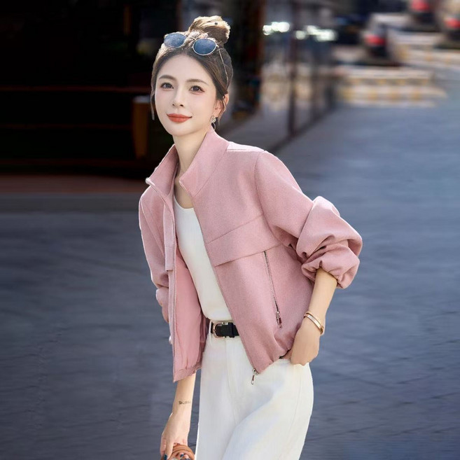 페이준 여성 봄 가을 패션 스탠드 칼라 얇은 스웨이드 코트 데일리 심플 통근 오버핏 숏 점퍼 YFC11