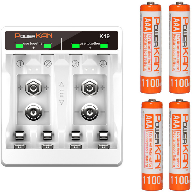 POWERKAN AAA고용량충전지4개+충전기세트 K49 니켈수소 AAA 1100mAh 1.2 Nimh 충전지, 1세트