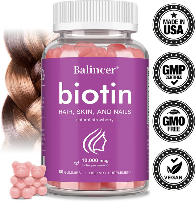 비오틴 젤리 10 000mg - 고함량 매일 보충 남녀 및 어린이용 - 비타민 젤리 천연 딸기맛, 2개, 60회분