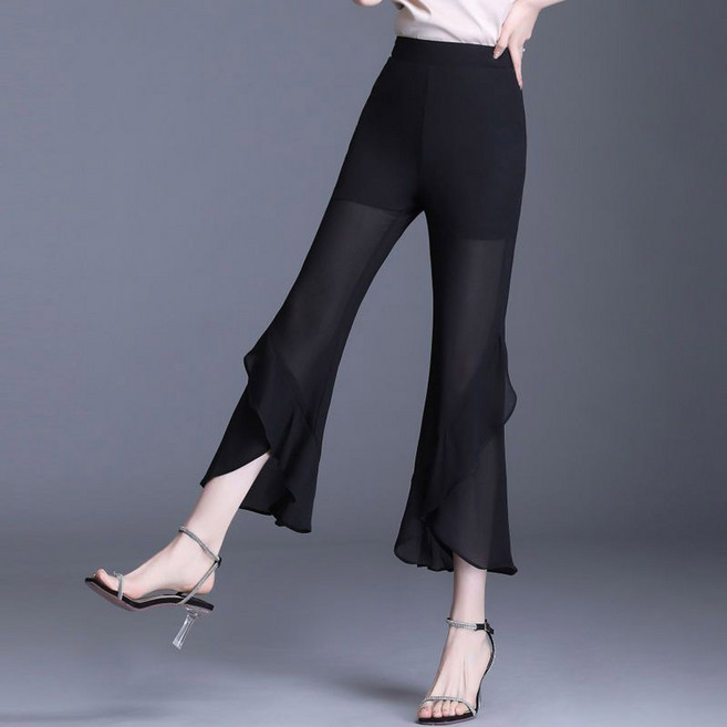 페이준 여름 쉬폰 와이드 팬츠 라인 라틴댄스 바지 플레어 9부 반시스루 바지 허리스판 댄스복하의 KP131