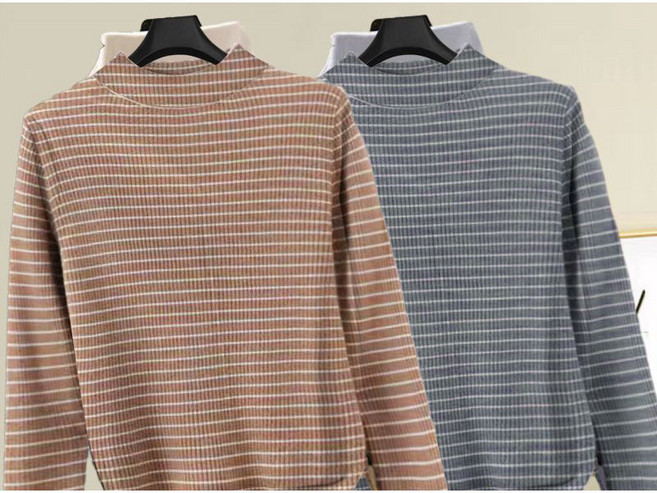 1+1 중년 여성 티셔츠 캐주얼 가을 겨울 기모 풀오버 상의 패션 엄마복 여성 도톰 스트라이프 반폴라 긴팔티 기질 여자 이너 티셔츠 WXY