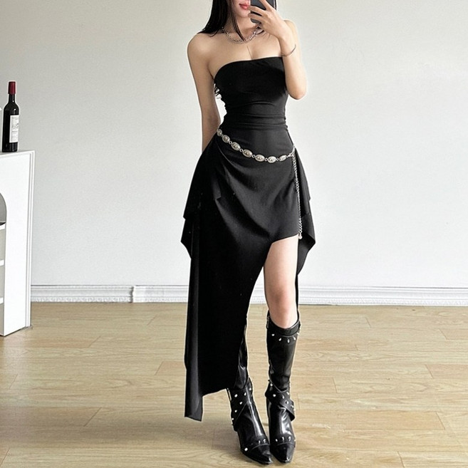 아이엠몽 여성 슬림핏 오프숄더 언밸런스 셔링 드레이프 원피스