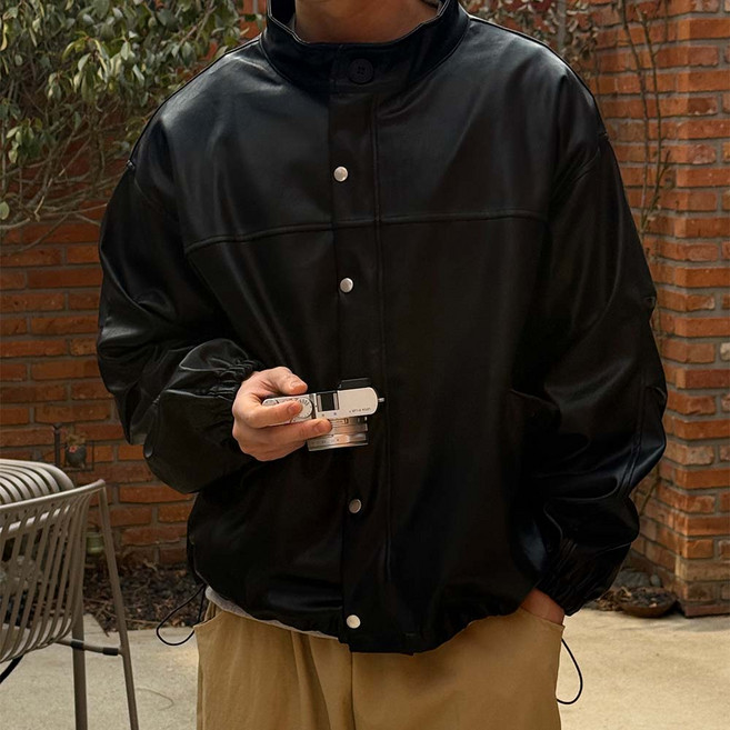 XL-3XL 하프넥 셔링 레더 야상 자켓 남자빅사이즈 밑단스트링 카키 블랙 아우터