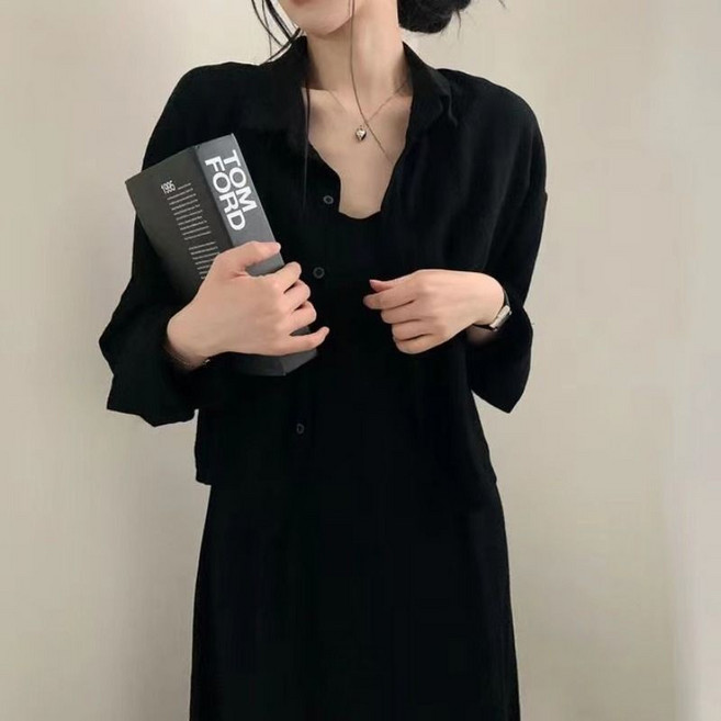 兩件式洋裝 3色 氣質法式韓版吊帶長洋裝 防曬襯衫 顯瘦復古洋裝, 黑色襯衫（單件）,XL