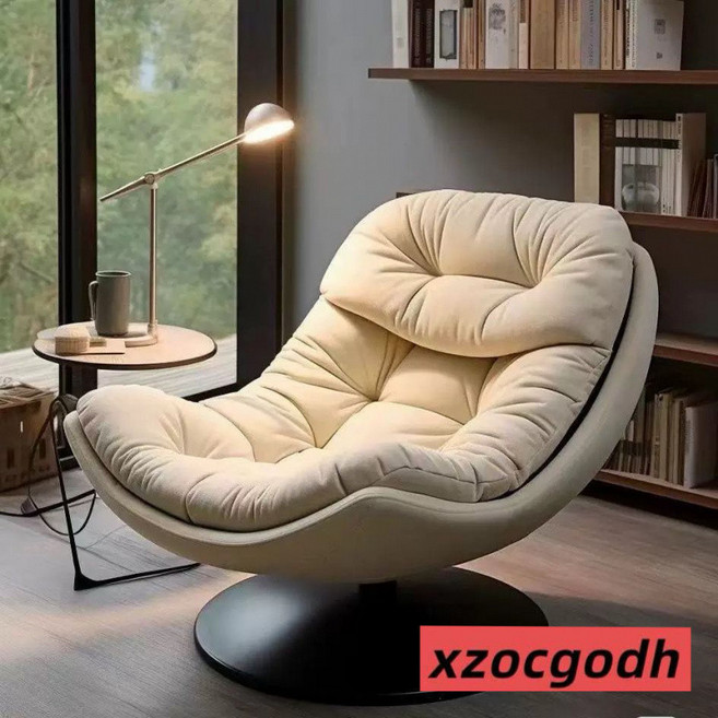 懶人沙發椅客廳設計師單人沙發椅可旋轉意式輕奢書房陽臺休閑躺椅 咖啡店/民宿休息椅, 貓抓皮米白色殼 米白色德芙絨座包, 1個