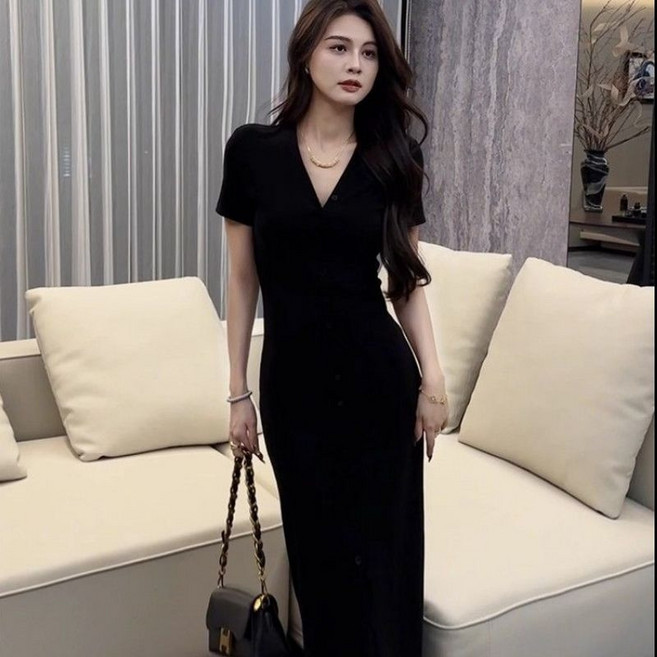 休閑夏季V領單排扣連衣裙 氣質顯瘦針織長裙