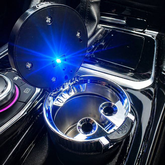 LED 차량용 재떨이 냄새차단 밀폐형 원터치 컵홀더형 + 청소 브러쉬 증정, 블랙&실버 + 브러쉬 증정, 1개