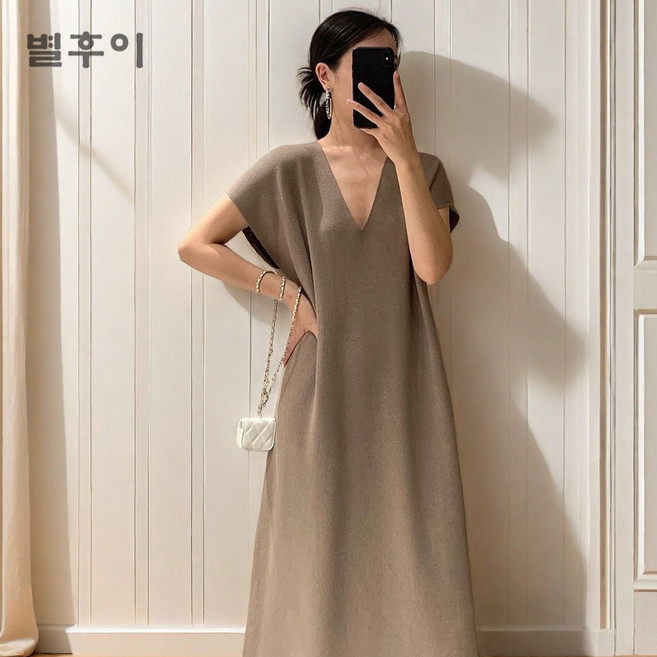 별후이 L-3XL 여성용 여름 빅사이즈 브이넥 루즈핏 가오리핏 A라인 반팔 롱 원피스