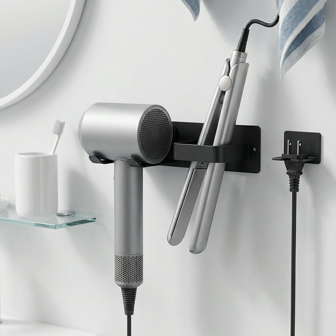 YF 무타공 올인원 드라이기 고데기 거치대 콘센트 홀더, 블랙, 1개