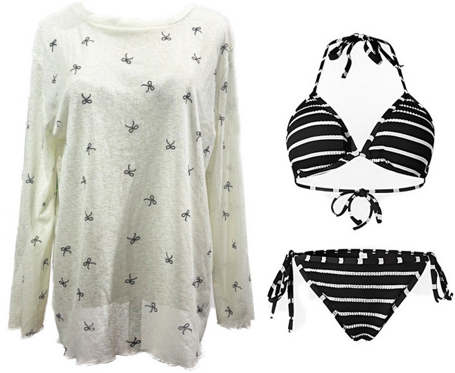 DFMEI 比基尼泳衣分體三件套泰國度假性感辣妹條紋短褲溫泉沙灘泳裝, S【建議70-85斤】