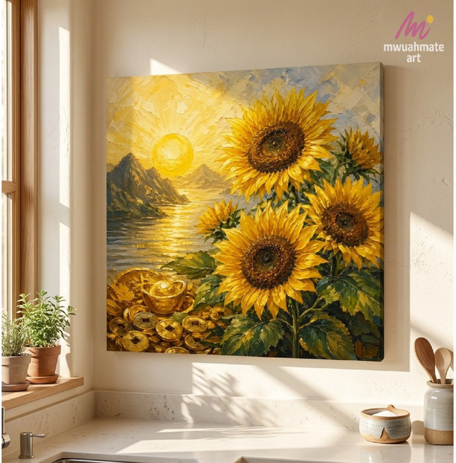 무아메이트 행운의 해바라기 그림 인테리어그림 액자 캔버스 돈들어오는 복 부자되는 액막이 풍수화 포스터 벽걸이 집들이 이사선물 카페, 꼭꼬핀