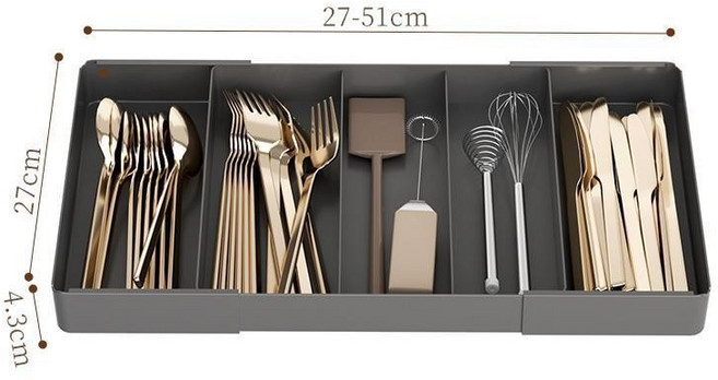 可伸縮分隔整理盒 餐具收納抽屜盒, 三分格+左右伸縮【黑色款】, 1個