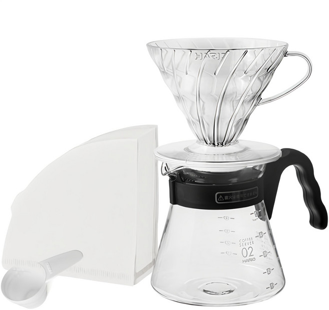 하리오 V60 커피 입문 핸드드립 세트, 서버 + 드리퍼 + 계량스푼 + 여과지 40p, 600ml, 1세트