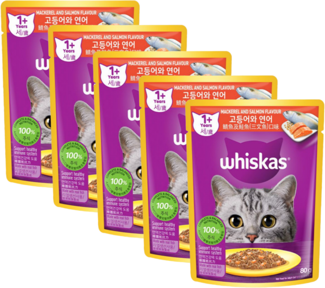 위스카스 고등어와연어 1세이상 습식 사료, 닭+연어+고등어, 80g, 5개