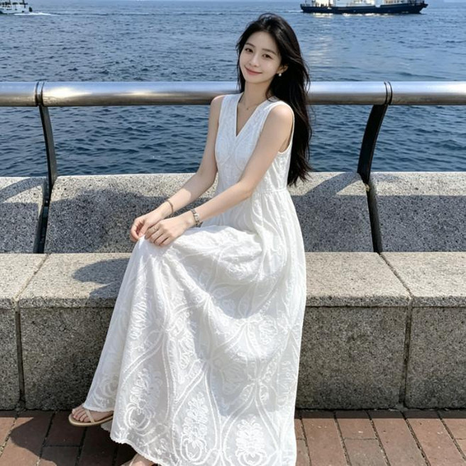 女款長洋裝 白色 V領 無袖 休閒 日常休閒穿搭, 白色（提花+内里）,XL