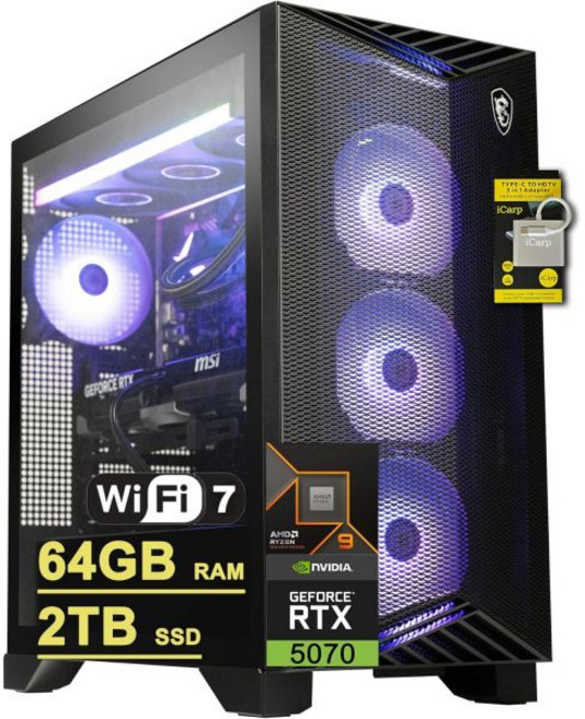 데스크탑 컴퓨터 업무용 본체 기업용 MSI 이지스 Z2 게이밍 데스크톱 AMD 옥타코어 Ryzen 7 7700 64GB RAM 1TB SSD GeForce RTX 5070 DL, 64GB RAM | 2TB SSD, Ryzen 9 9900X + RTX 5070