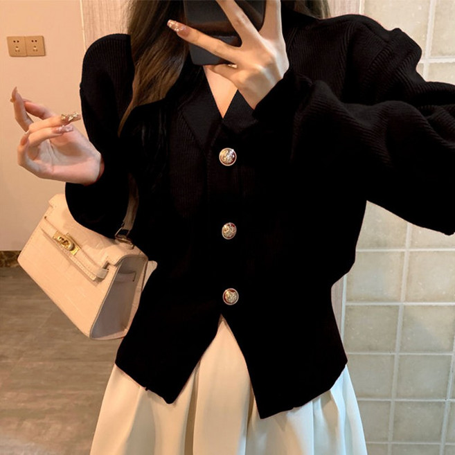 슬림소녀 여성 봄가을 브이넥 슬림핏 날씬해 보이는 니트 아우터 튜닉 카디건 상의