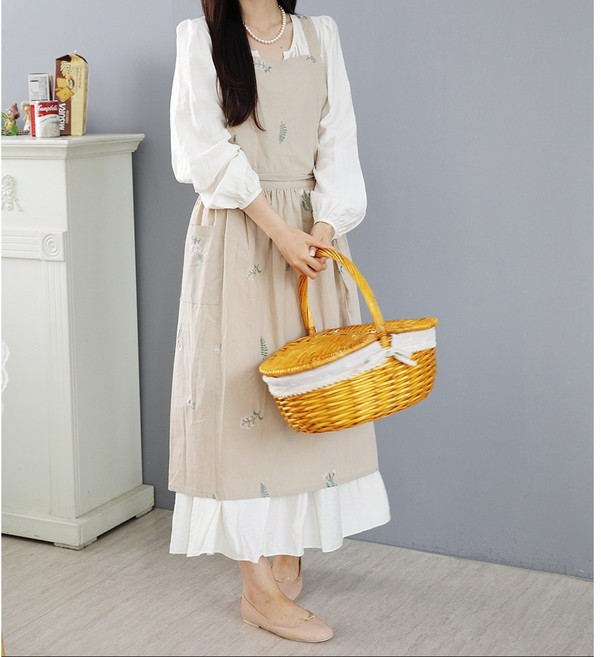 꽃자수앞치마 플로리스트꽃집 어린이집교사 코튼 방수프릴앞치마, 베 이 지   (나뭇잎), 1개