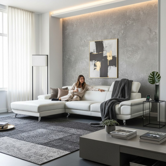 자네트 쟈드 4인용 카우치 가죽쇼파, 화이트