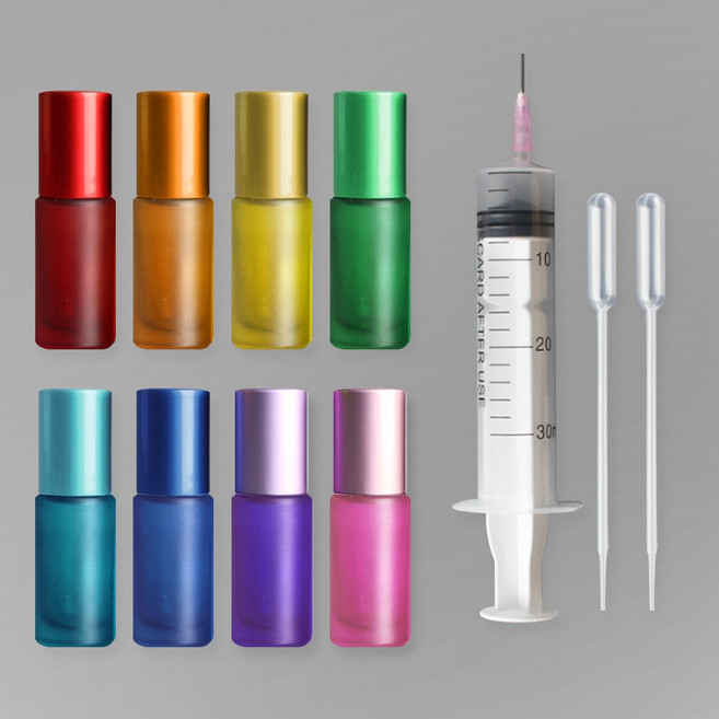 포포라운지 롤온 향수 공병 아로마 오일 + 스포이드 + 소분 주사기, 1개, (5ml 레인보우 8개)