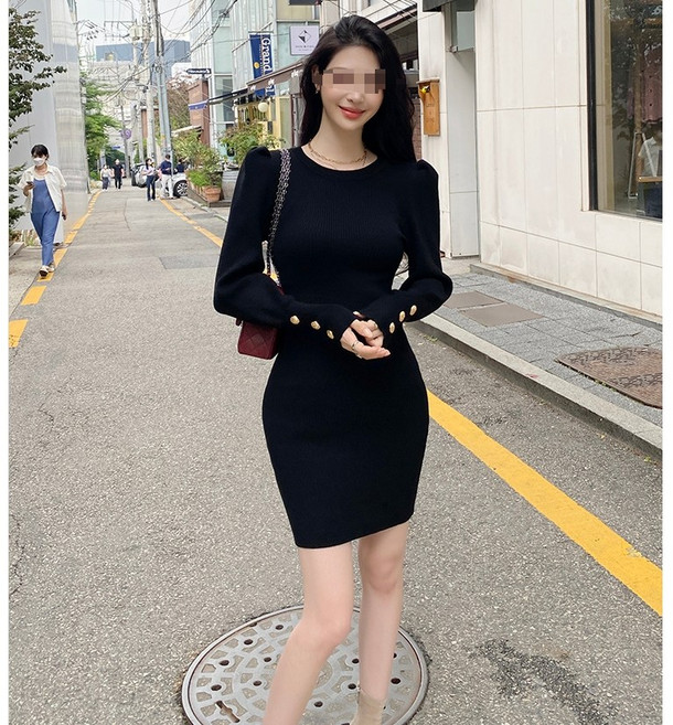 체인지쉬(change she)여성 슬림핏 벌룬 오버숄더 긴팔 금장단추 니트 원피스