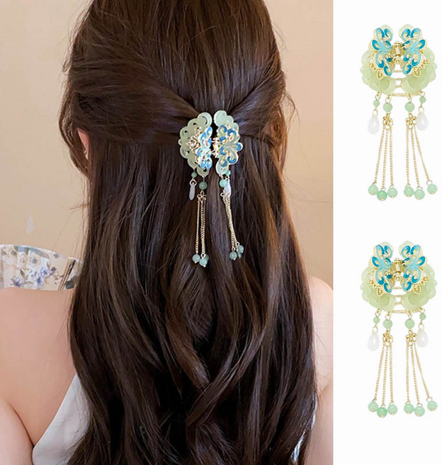 ZMBIRD 화려한 구슬 태슬 헤어 집게핀 중형 올림머리 2개세트 H3708