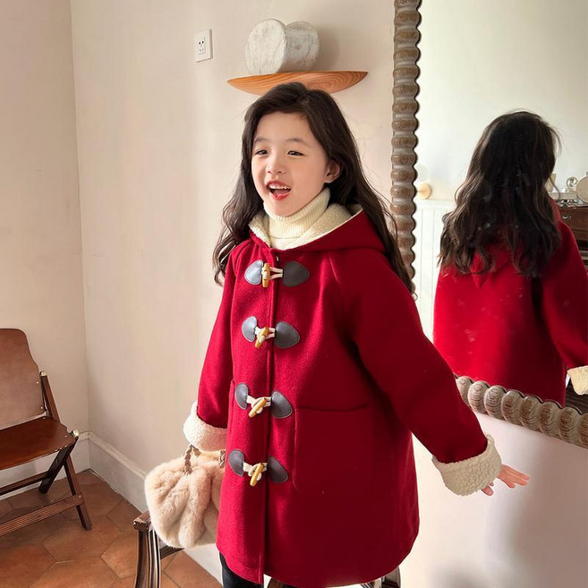 兒童韓版牛角扣呢大衣 冬季新款女寶寶夾棉保暖外套