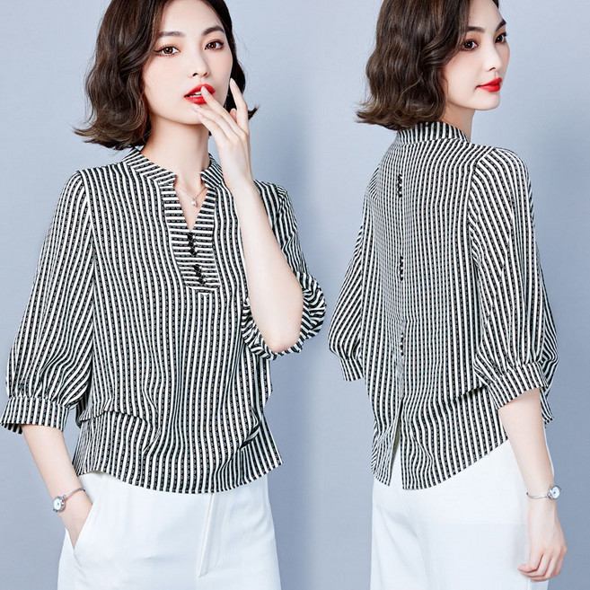 AOKADA 쉬폰 반팔 셔츠 중년 여성 스트라이프 새틴 블라우스 남방