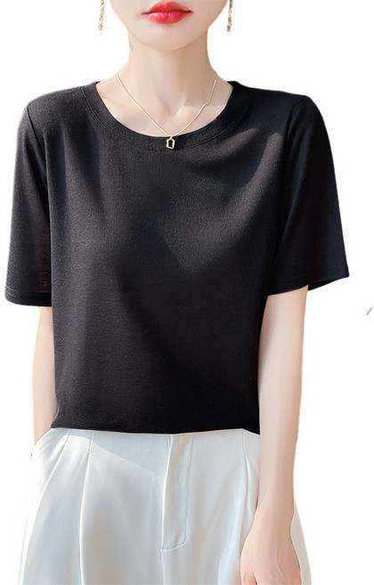 여성용 고밀도 라운드넥 니트 반팔 티셔츠 데일리 부드러운 레이어링 멀티스타일링 봄 여름 가을 데일리룩 RWM31