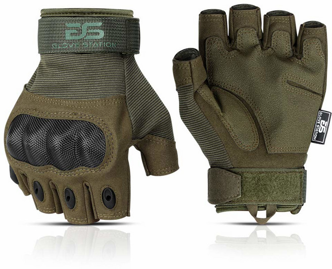 글러브 스테이션 더 컴뱃 - 남성용 손가락 없는 너클 전술 장갑 사격 에어소프트 사냥 경찰 업무 및 하이킹용 오토바이, 4 Green - Fingerless Hard Knuc, Medium, XX-Large