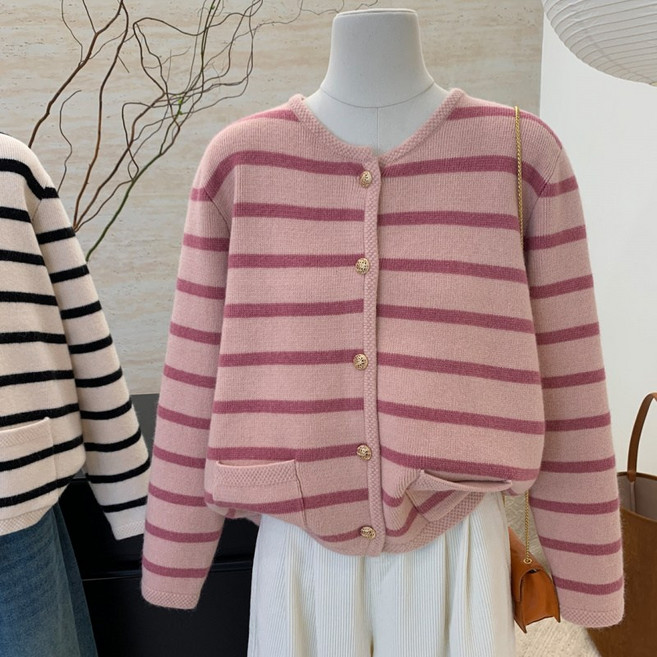 COSYEVNO 여성 니트코트 가을 패션 캐주얼 루즈핏 스트라이프 긴팔 상의 아우터 lyjzzks-6