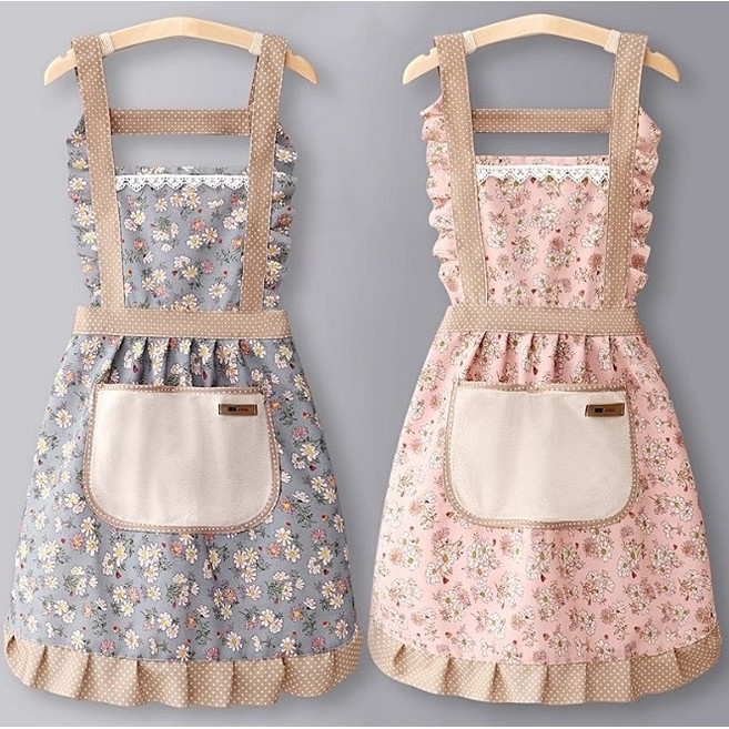 북유럽풍 생활 방수 앞치마 주방용 작업용 레이스 공주풍, 1세트, 핑크+차콜 그레이