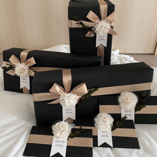 돌잔치 이벤트 선물 포장 코사지 포장지 세트, 1세트, 블랙클로스포장지+골드리본+실키화이트코사지
