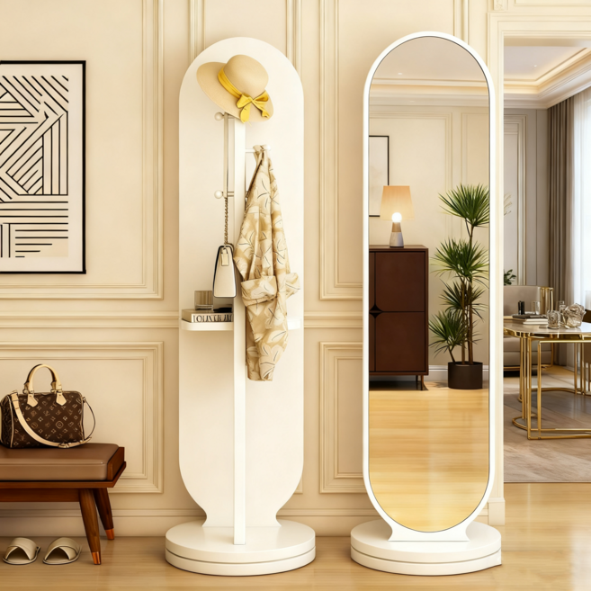 [SMTONE] 다용도 360도 회전식 스텐드형 전신거울 옷걸이행거 수납형 전신거울 1단 수납 행거 스탠드 옷걸이 시스템 행거, 36*166cm, 화이트