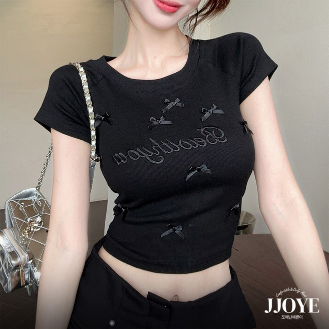 쪼예 러블리 리본 자수 레터링 크롭 슬림 반팔 티셔츠