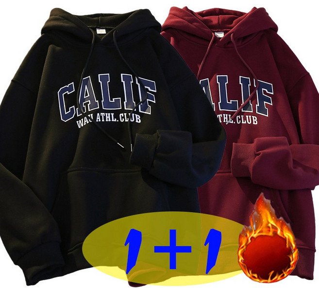 1+1 남자 가을 겨울 빅사이즈 레터링 긴팔티셔츠 캐주얼 커플 루즈핏 기모 후드 맨투맨