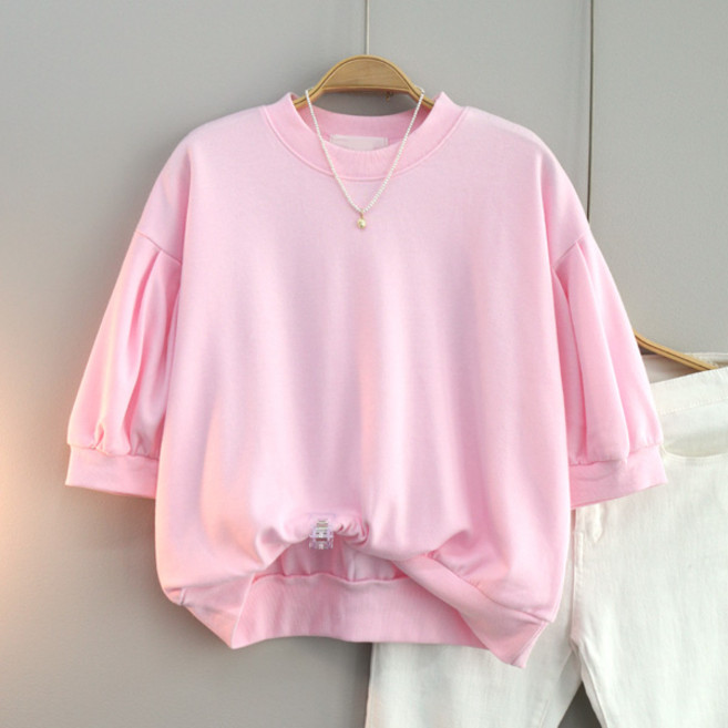 달콩 여성 셔링 여름티 라운드넥 심플 로지퍼프소매반팔맨투맨