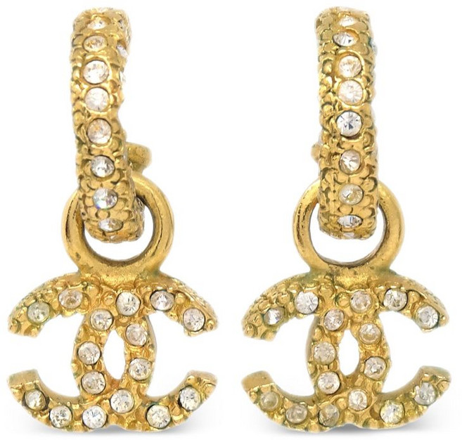 샤넬 중고 2001 CC 로고 라인스톤 장식 드롭 스터드 이어링