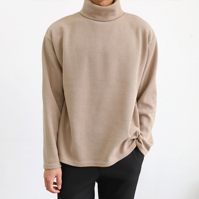 더베이직샵 세미오버 골지 니트 하이 터틀넥 긴팔 폴라 티셔츠