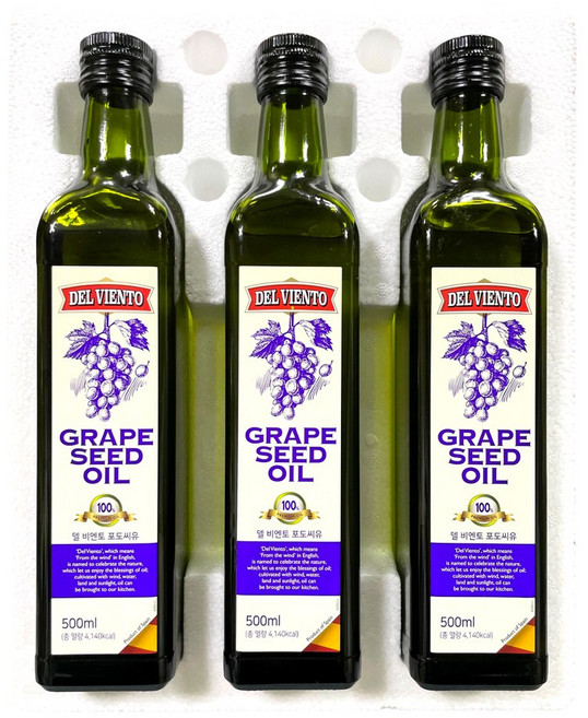[임박] 델비엔토 포도씨유 500ml 스페인산 프리미엄 오일 식용유 안전포장, 3개