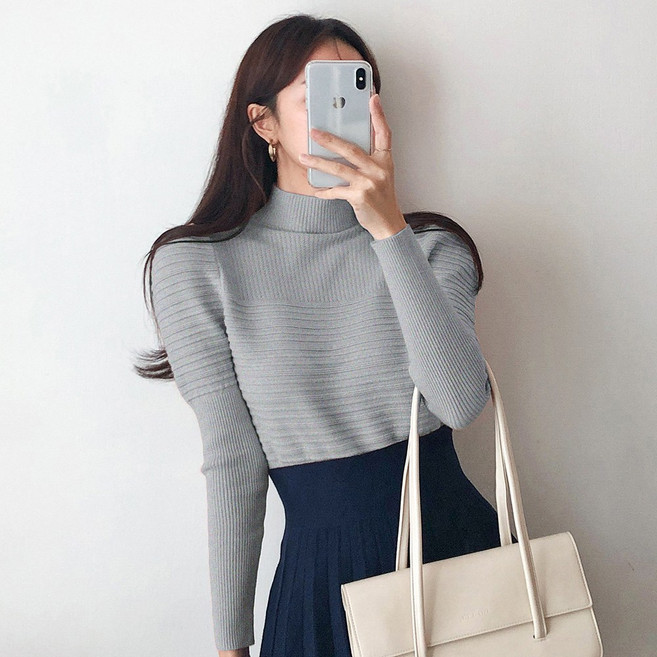 요시아나 [당일발송] 컬러맛집 비노슈 슬림핏 골지 퍼프소매 반목 니트 -8컬러