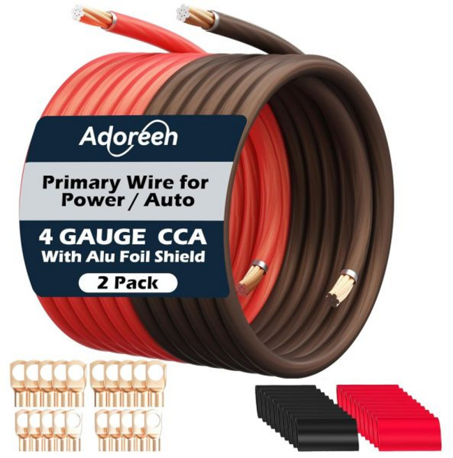 4 게이지 AWG 전원/접지선 케이블 15피트 블랙+15피트 레드 고출력 차폐 CCA 소프트 자동차 용접 배터리 배선 키트 오디오 앰프 스피커 RV 트레일러 마린 솔라+ 러그, 50피트