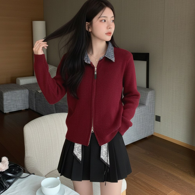 여성용 데님 배색 카라 투웨이 집업 니트 골지 레이어드 긴팔 가디건